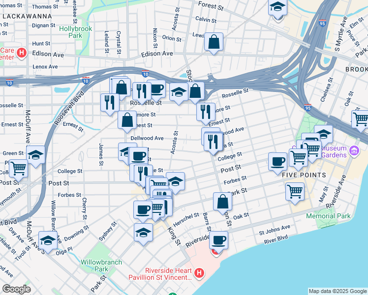 map of restaurants, bars, coffee shops, grocery stores, and more near 2550 Dellwood Avenue in Jacksonville