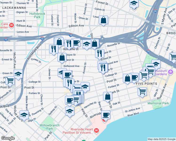 map of restaurants, bars, coffee shops, grocery stores, and more near 2550 Dellwood Avenue in Jacksonville