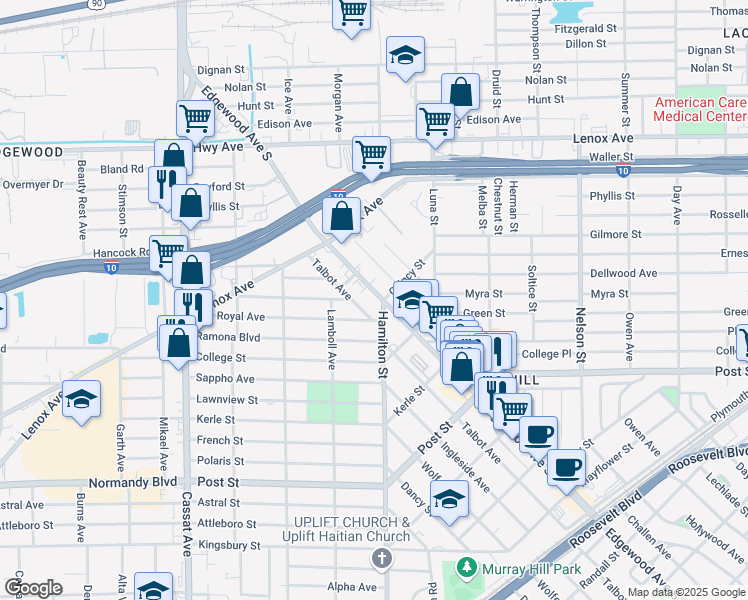 map of restaurants, bars, coffee shops, grocery stores, and more near 596 Edgewood Avenue South in Jacksonville