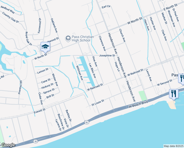 map of restaurants, bars, coffee shops, grocery stores, and more near 324 Lac Bleu Avenue in Pass Christian