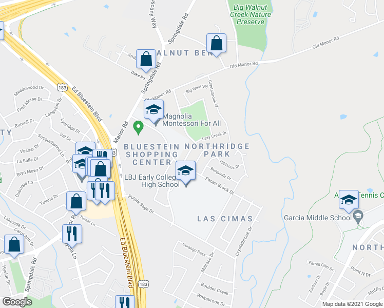 map of restaurants, bars, coffee shops, grocery stores, and more near 7517 Lazy Creek Drive in Austin