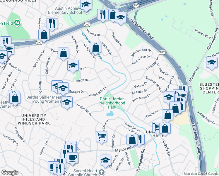 map of restaurants, bars, coffee shops, grocery stores, and more near 6816 Willamette Drive in Austin