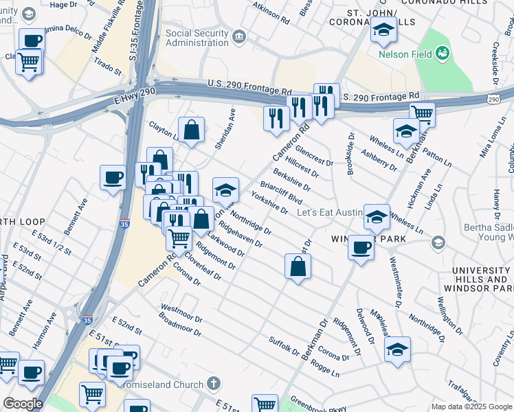 map of restaurants, bars, coffee shops, grocery stores, and more near 1307 Yorkshire Drive in Austin