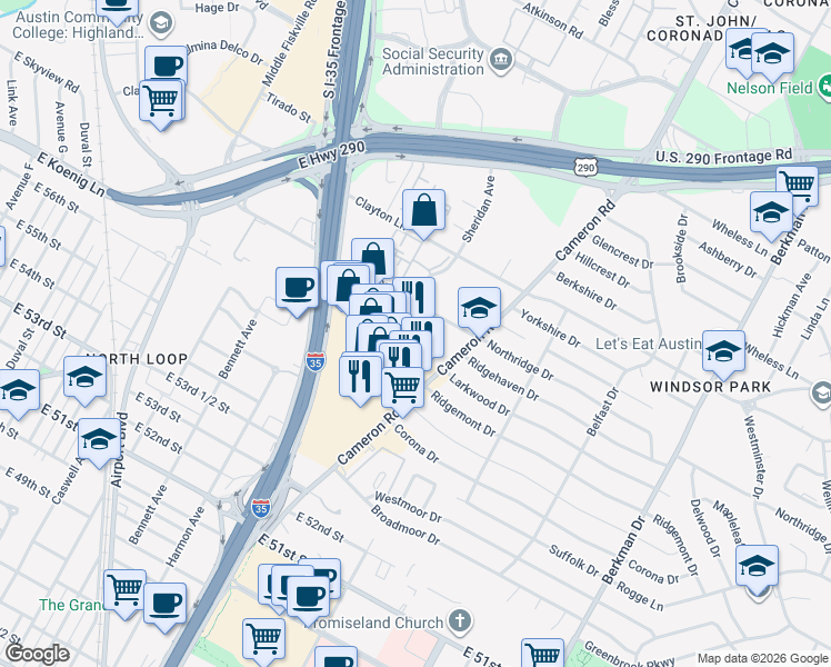 map of restaurants, bars, coffee shops, grocery stores, and more near 1045 Reinli Street in Austin