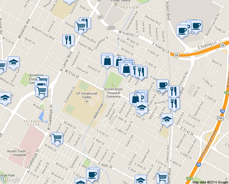 map of restaurants, bars, coffee shops, grocery stores, and more near 200 West 51st Street in Austin
