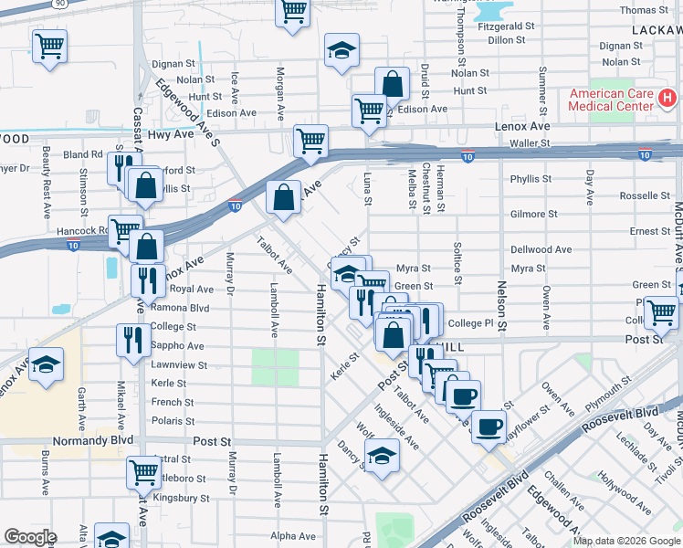 map of restaurants, bars, coffee shops, grocery stores, and more near 603 Meteor Street in Jacksonville