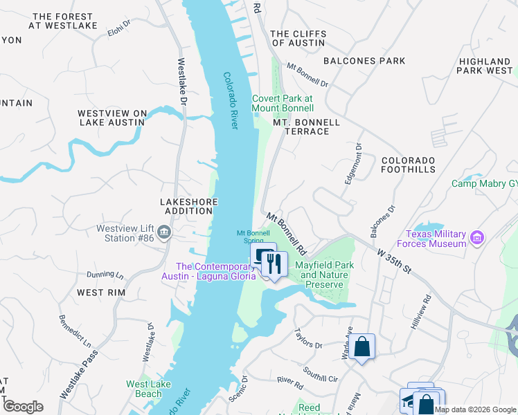 map of restaurants, bars, coffee shops, grocery stores, and more near 3404 Mount Bonnell Road in Austin