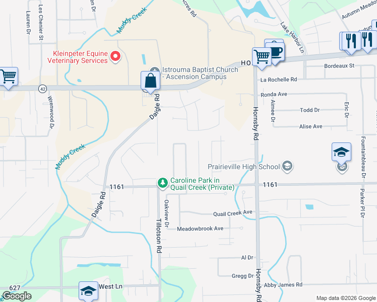 map of restaurants, bars, coffee shops, grocery stores, and more near 17094 Hunters Trace East in Prairieville