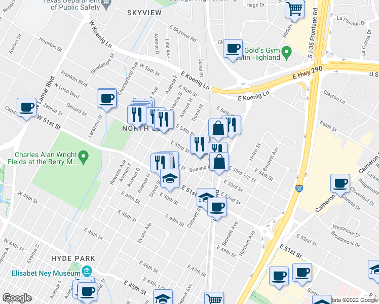 map of restaurants, bars, coffee shops, grocery stores, and more near East 53rd Street & Evans Avenue in Austin