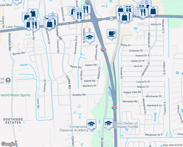 map of restaurants, bars, coffee shops, grocery stores, and more near 10447 Greenhaven Drive in Jacksonville