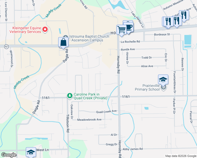 map of restaurants, bars, coffee shops, grocery stores, and more near 17114 Richmond Drive in Prairieville