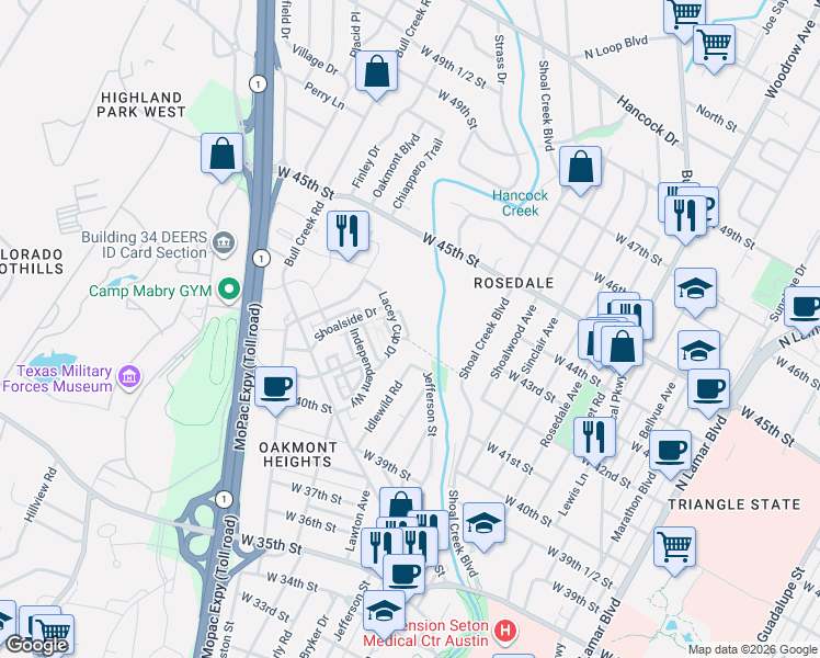 map of restaurants, bars, coffee shops, grocery stores, and more near 4702 Unity Circle in Austin