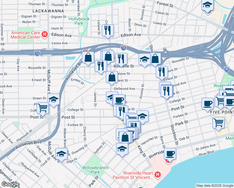 map of restaurants, bars, coffee shops, grocery stores, and more near 2704 Dellwood Avenue in Jacksonville
