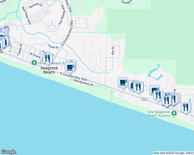 map of restaurants, bars, coffee shops, grocery stores, and more near 12 Birmingham Street in Santa Rosa Beach