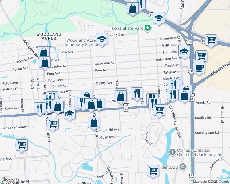 map of restaurants, bars, coffee shops, grocery stores, and more near 8307 Cocoa Avenue in Jacksonville