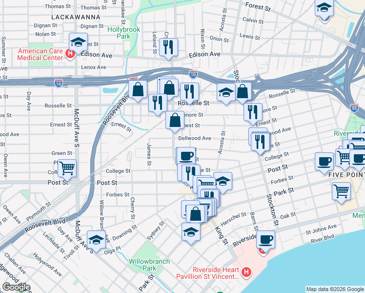 map of restaurants, bars, coffee shops, grocery stores, and more near 2704 Dellwood Avenue in Jacksonville
