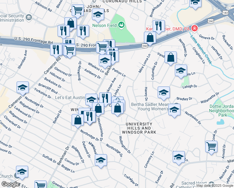 map of restaurants, bars, coffee shops, grocery stores, and more near 1810 Peggy Street in Austin