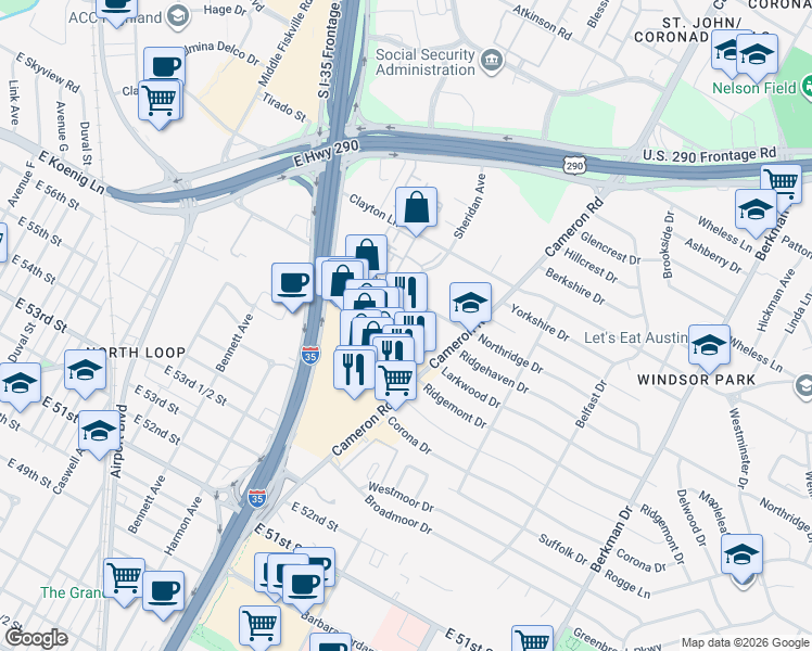 map of restaurants, bars, coffee shops, grocery stores, and more near 1045 Reinli Street in Austin