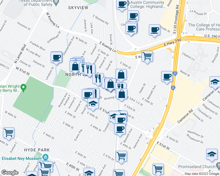 map of restaurants, bars, coffee shops, grocery stores, and more near 5306 Evans Avenue in Austin