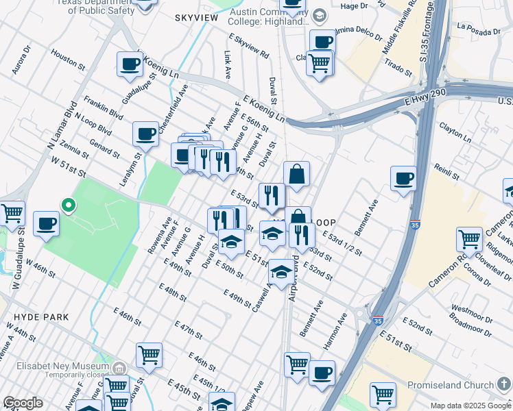 map of restaurants, bars, coffee shops, grocery stores, and more near 5306 Evans Avenue in Austin