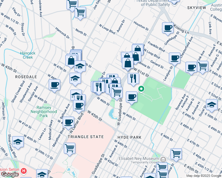 map of restaurants, bars, coffee shops, grocery stores, and more near 4700 1/2 North Lamar Boulevard in Austin