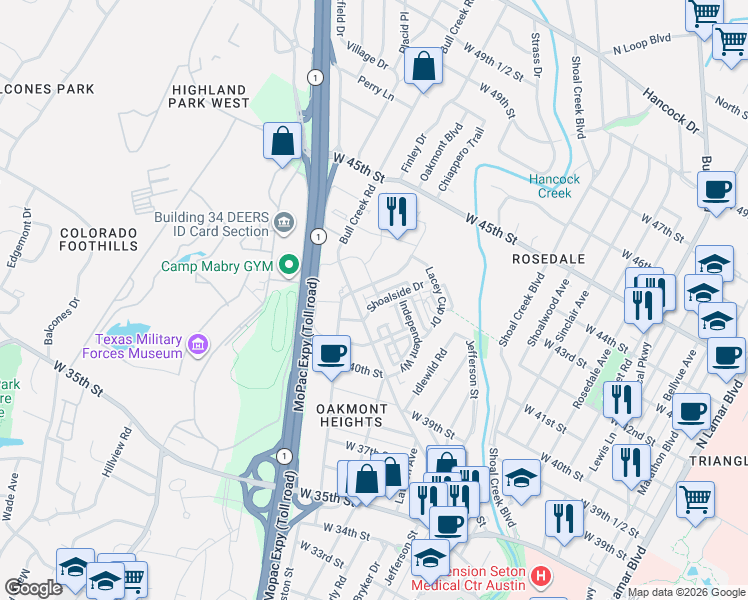map of restaurants, bars, coffee shops, grocery stores, and more near 4325 Jackson Avenue in Austin