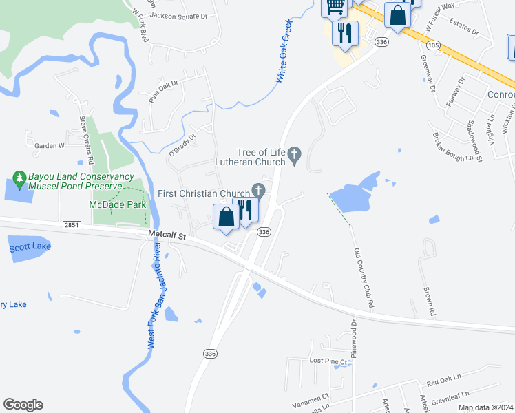 map of restaurants, bars, coffee shops, grocery stores, and more near 3500 North Loop 336 West in Conroe