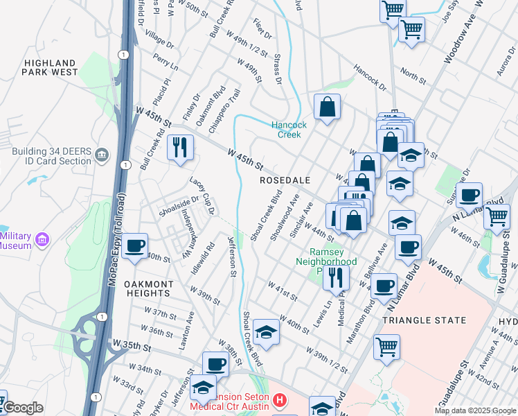 map of restaurants, bars, coffee shops, grocery stores, and more near 4400 Shoal Creek Boulevard in Austin