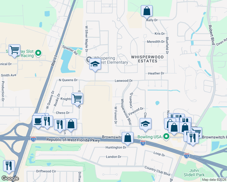 map of restaurants, bars, coffee shops, grocery stores, and more near 155 Pine Circle in Slidell
