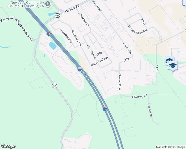 map of restaurants, bars, coffee shops, grocery stores, and more near 18021 Manchac Place Drive in Prairieville