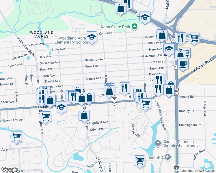 map of restaurants, bars, coffee shops, grocery stores, and more near 8428 Cocoa Avenue in Jacksonville