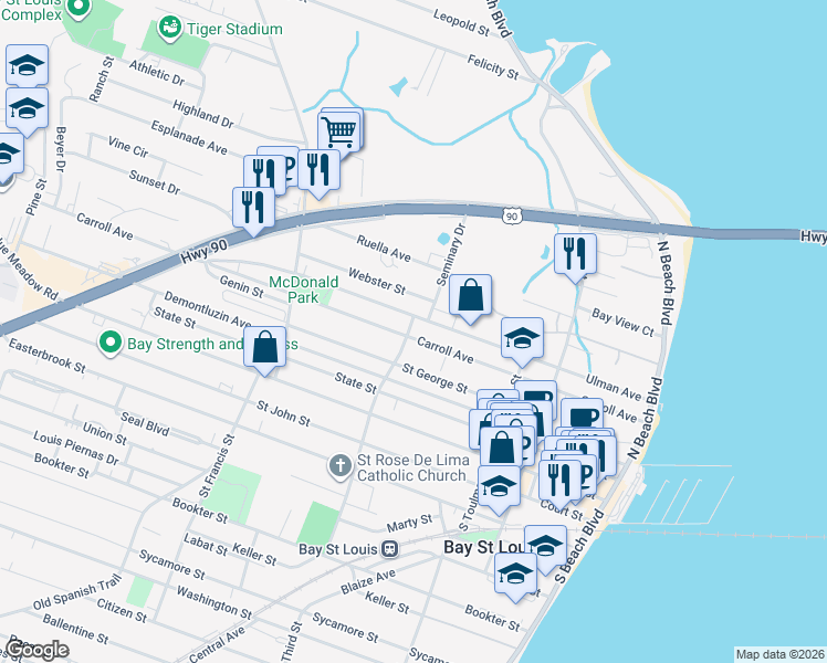 map of restaurants, bars, coffee shops, grocery stores, and more near 100b Seminary Drive in Bay Saint Louis