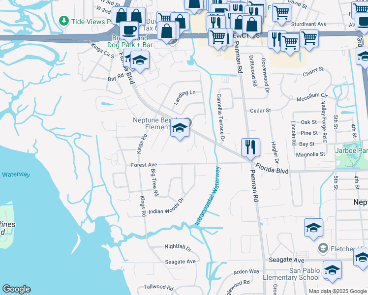 map of restaurants, bars, coffee shops, grocery stores, and more near 1515 Florida Boulevard in Neptune Beach