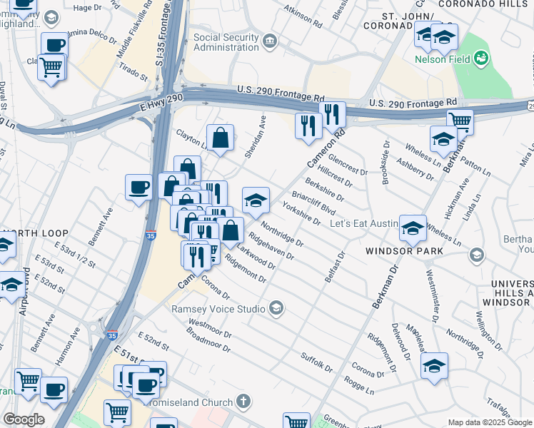 map of restaurants, bars, coffee shops, grocery stores, and more near 1201 Danbury Square in Austin
