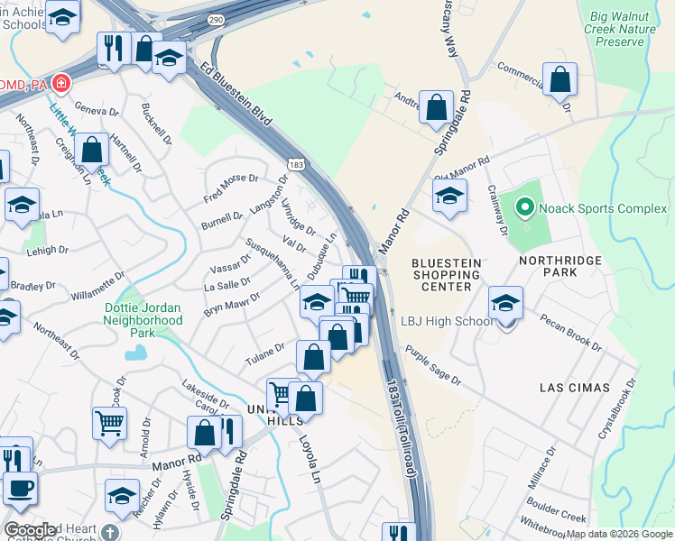 map of restaurants, bars, coffee shops, grocery stores, and more near 3411 Lynridge Drive in Austin