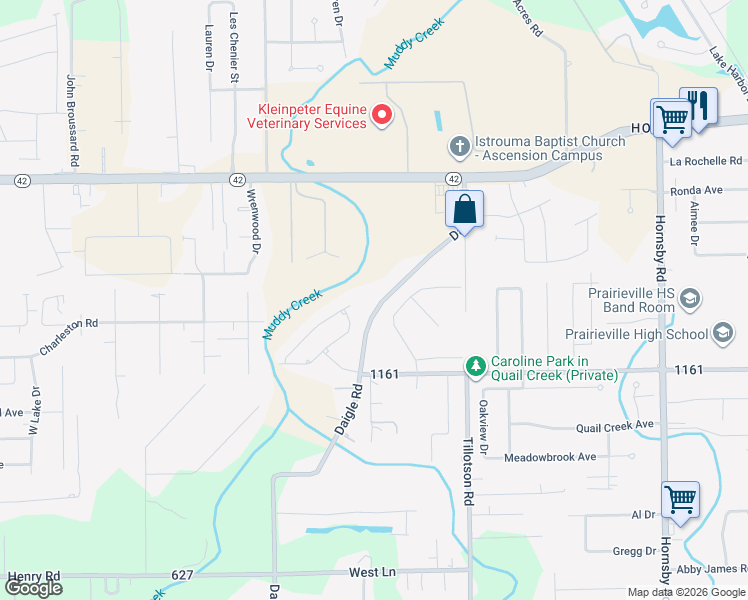 map of restaurants, bars, coffee shops, grocery stores, and more near 17099 Louisiana 930 in Prairieville