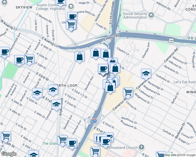 map of restaurants, bars, coffee shops, grocery stores, and more near 5511 Bennett Avenue in Austin