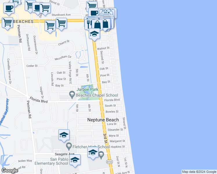 map of restaurants, bars, coffee shops, grocery stores, and more near 1007 Second Street in Neptune Beach