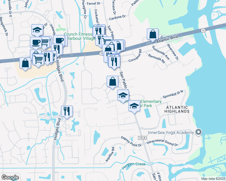 map of restaurants, bars, coffee shops, grocery stores, and more near 1700 San Pablo Road South in Jacksonville