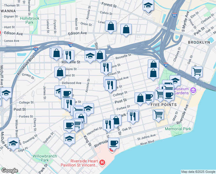 map of restaurants, bars, coffee shops, grocery stores, and more near 2502 Dellwood Avenue in Jacksonville