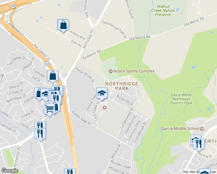 map of restaurants, bars, coffee shops, grocery stores, and more near 7517 Lazy Creek Drive in Austin