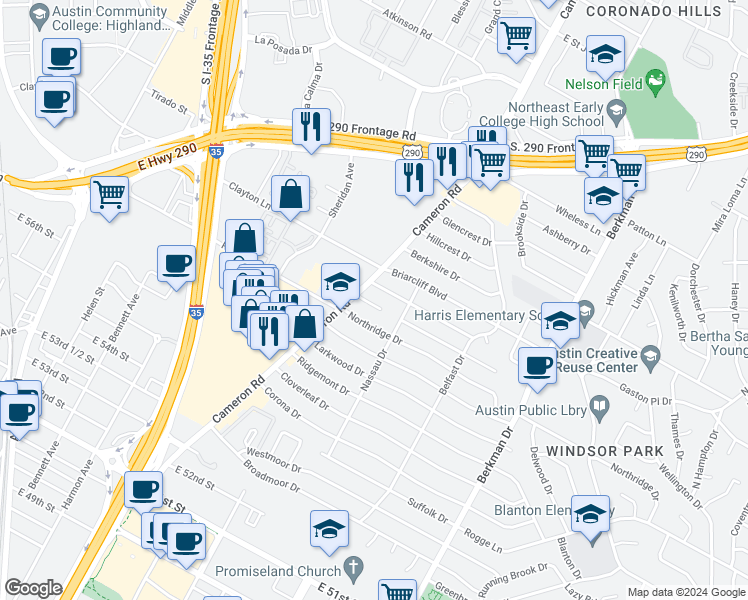 map of restaurants, bars, coffee shops, grocery stores, and more near 1307 Yorkshire Drive in Austin