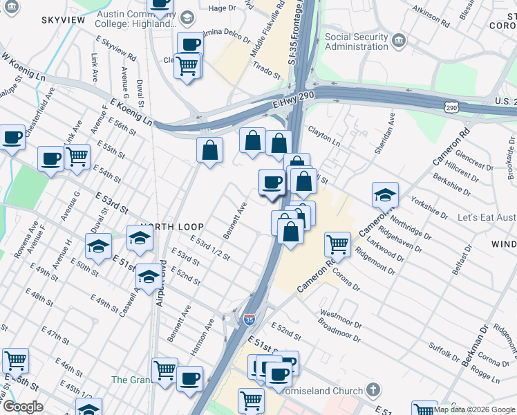 map of restaurants, bars, coffee shops, grocery stores, and more near 5511 Bennett Avenue in Austin