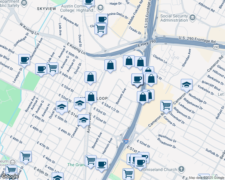 map of restaurants, bars, coffee shops, grocery stores, and more near 901 East 55th 1/2 Street in Austin