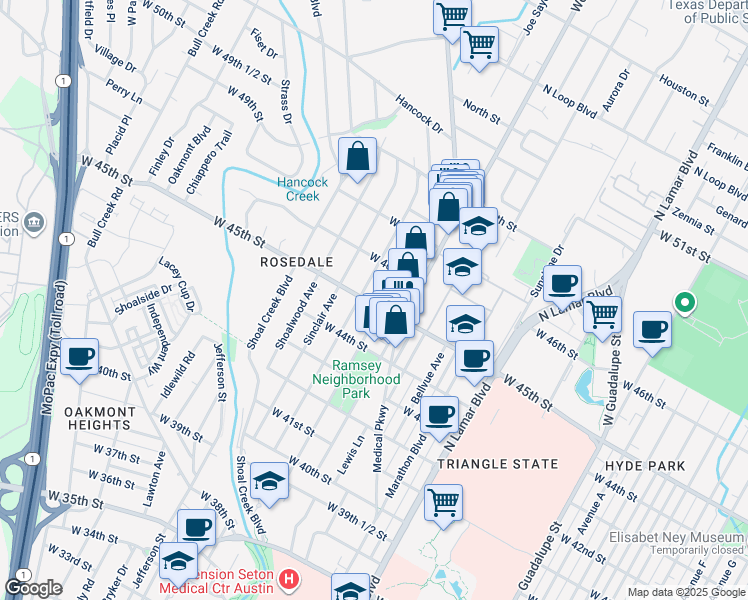map of restaurants, bars, coffee shops, grocery stores, and more near 4505 Ramsey Avenue in Austin