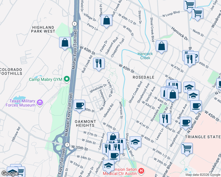 map of restaurants, bars, coffee shops, grocery stores, and more near 4718 Unity Circle in Austin