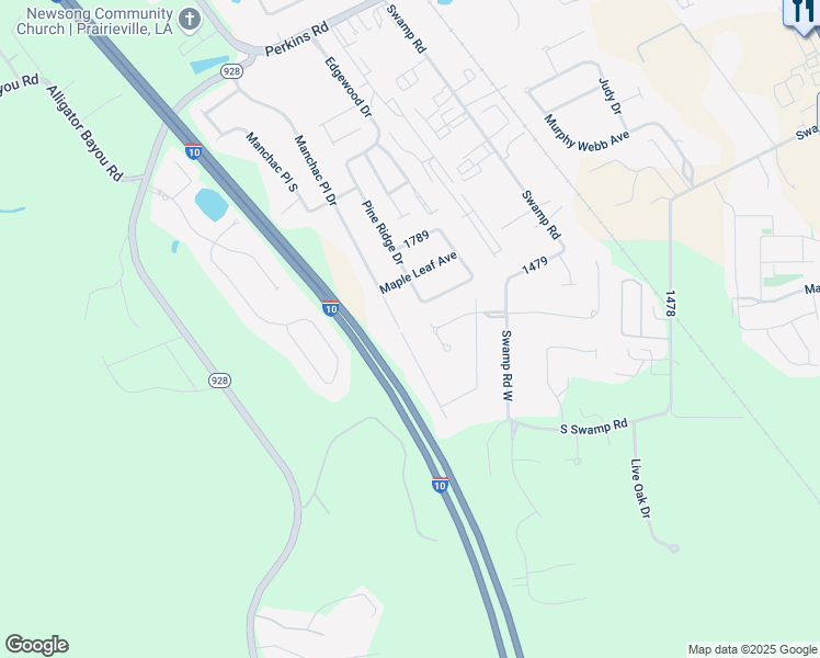 map of restaurants, bars, coffee shops, grocery stores, and more near 18006 Manchac Place Drive in Prairieville