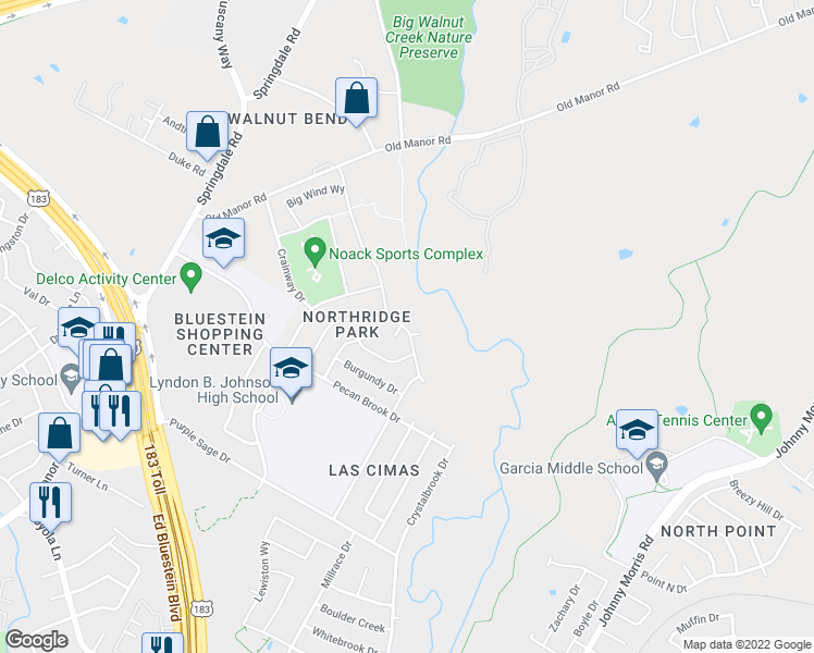 map of restaurants, bars, coffee shops, grocery stores, and more near 7621 Crystalbrook West in Austin