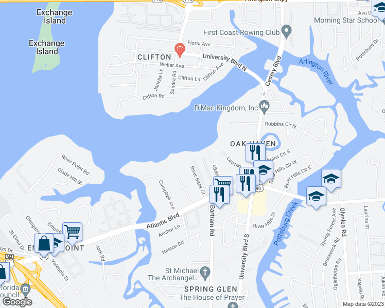 map of restaurants, bars, coffee shops, grocery stores, and more near 1133 River Bank Court in Jacksonville