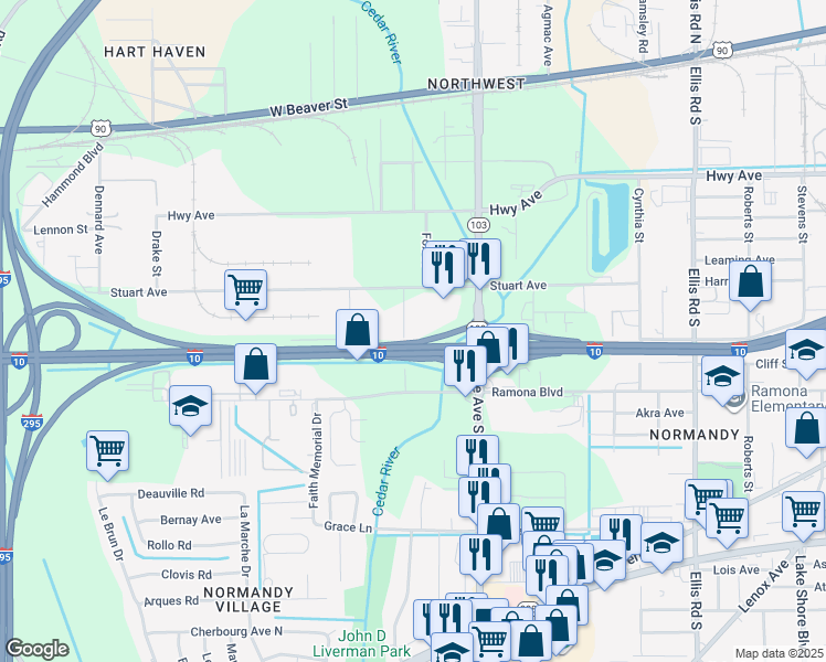 map of restaurants, bars, coffee shops, grocery stores, and more near 565 Henderson Road in Jacksonville